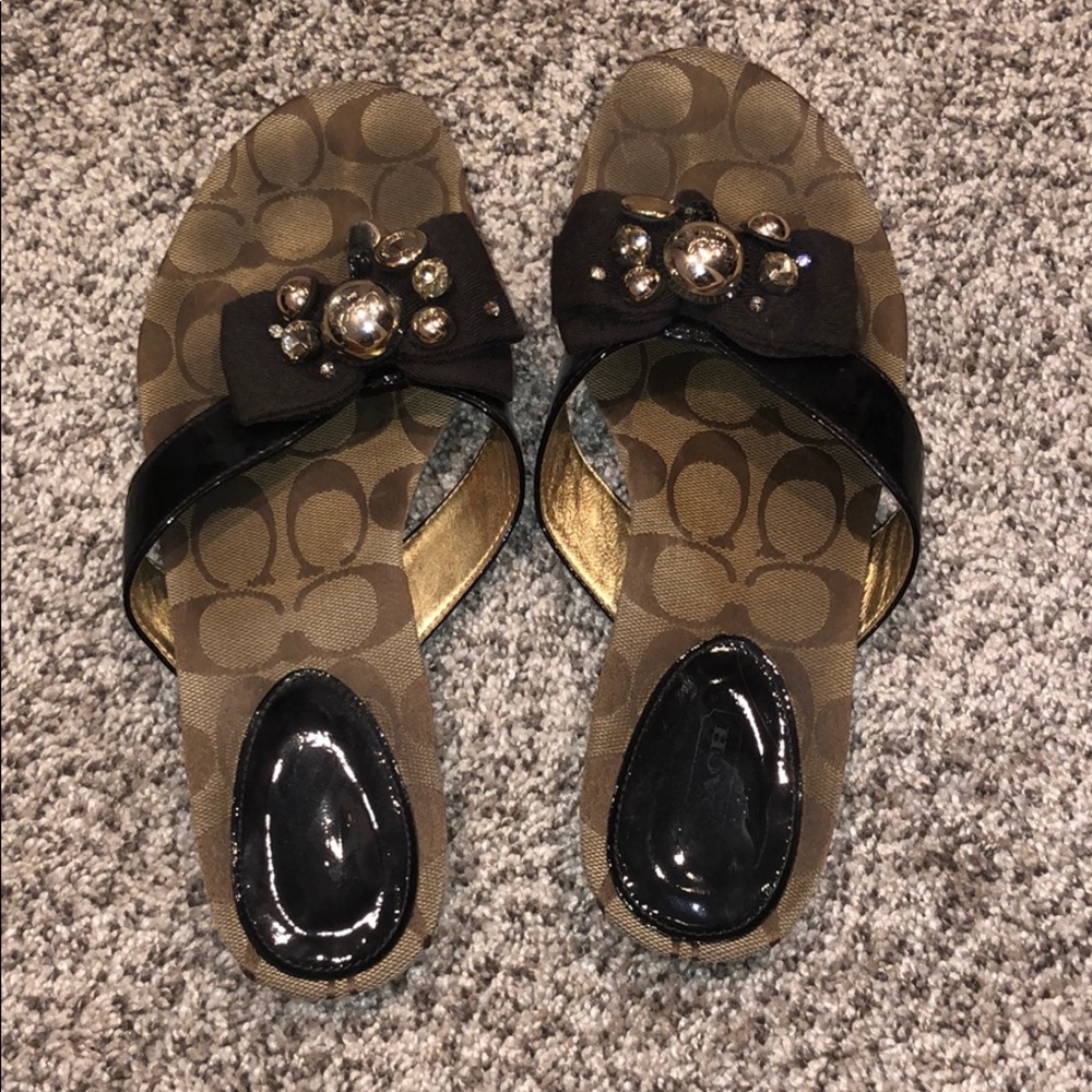 Coach Tan and Brown Slip-On Sandals with Signature Monogram